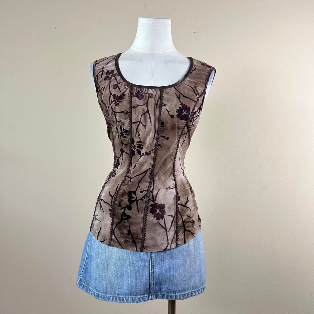 Brown and Floral Whimsigoth Paneled Corset Style Tank